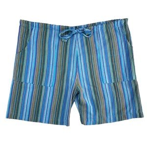 Blue and Green Striped Casual Cotton Shorts w/Pockets- Med